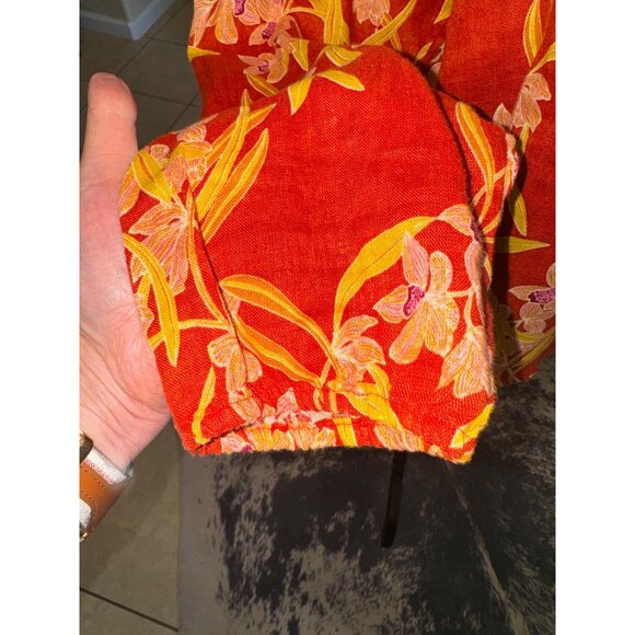 Floral Red Yellow 100% Linen Blouse Long Sleeves Rounded Hem Sustainable Cottage - Picture 8 of 8